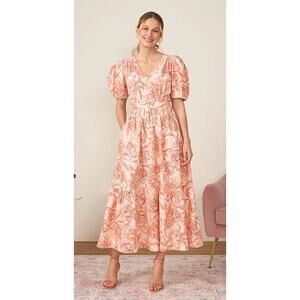 CECE WOMENS SIZE SMALL FLORAL PUFF SLEEVE BELTED LINEN BLEND MAXI DRESS PINK NEW